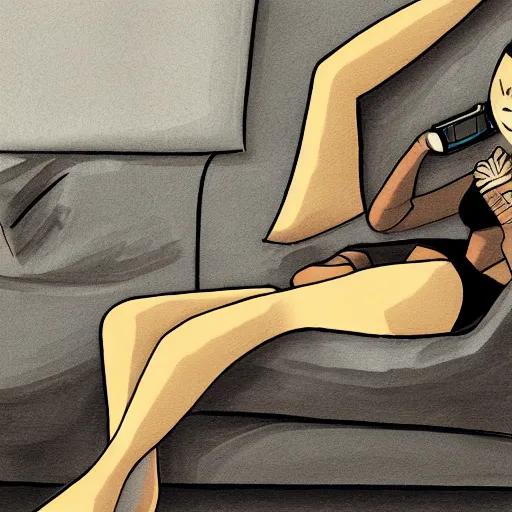 Prompt: female android relaxing on sofa, dark, elegant, detailed illustration