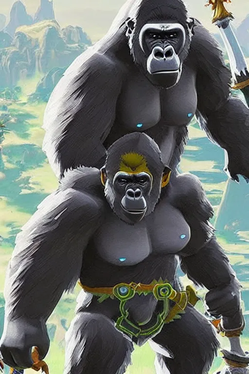 Image similar to an in game footage of a gorilla from the legend of zelda breath of the wild, breath of the wild art style.