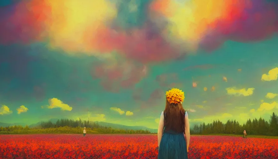 Image similar to girl with a large flower instead of face, surreal photography, dream, standing in flower field, hills, big trees, sunrise dramatic light, impressionist painting, colorful clouds, digital painting, pointillism, artstation, simon stalenhag, flower face