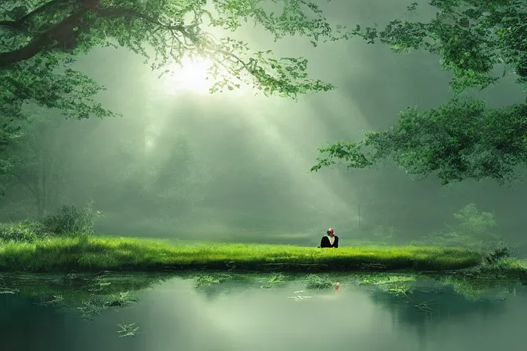 Image similar to a prince sits on a bench in a forest in front of a pond in the center, green color scheme, morning, mist, sun rays, artstation,