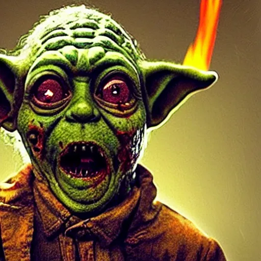 Image similar to zombie yoda as a zombified zombie in the walking dead, photograph, hyperrealistic, burning fire city background