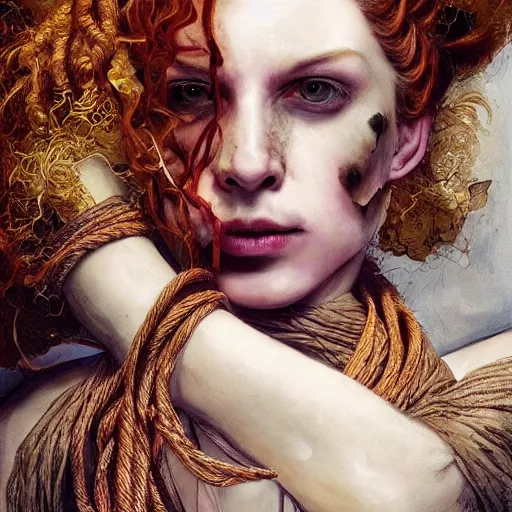 Image similar to portrait of a Shibari rope wrapped face and neck, headshot, insanely nice professional hair style, dramatic hair color, digital painting, of a old 18th century, Royal Emperor, amber jewels, baroque, ornate clothing, scifi, realistic, hyperdetailed, chiaroscuro, concept art, art by Franz Hals and Jon Foster and Ayami Kojima and Amano and Karol Bak,