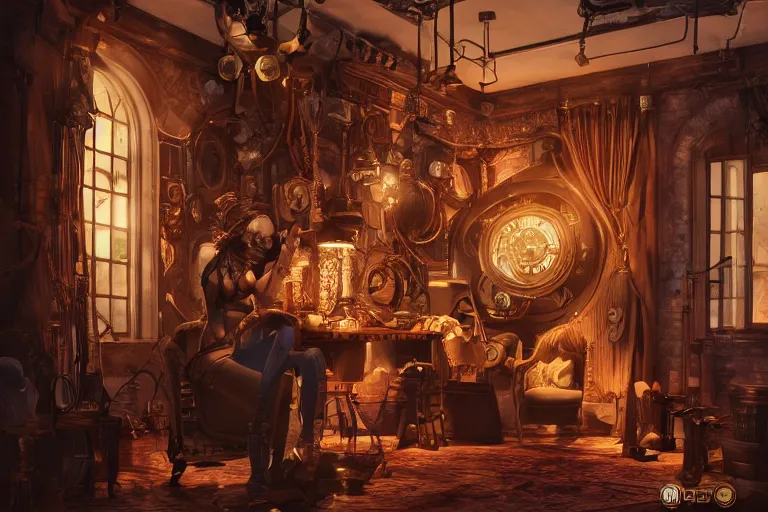 Image similar to beautiful women in the interior of a steampunk apartment, by Joe Madureira, 3d scene, render, ultra realistic, ray tracing, night time, volumetric light, artstation, cgsociety, level design, unreal engine, 3d scene, zenith view