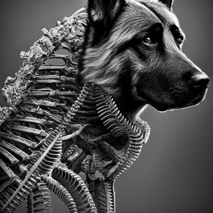 Image similar to portrait of german shepherd as skeleton. intricate abstract. intricate artwork. by Tooth Wu, wlop, beeple, dan mumford. octane render, trending on artstation, greg rutkowski, very coherent symmetrical artwork. cinematic, hyper realism, high detail, octane render, 8k, iridescent accents, deep blacks