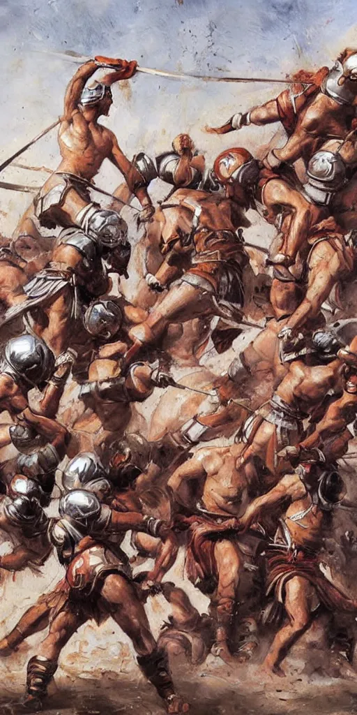 Image similar to oil painting scene from gladiator fights by kim jung gi