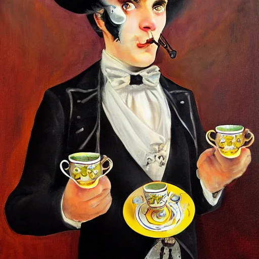 Image similar to a clockwork butler holding a plate of tea cups, steam punk, painting.