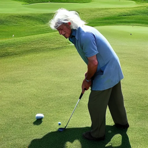 Prompt: photo of gandalf playing golf with frodo