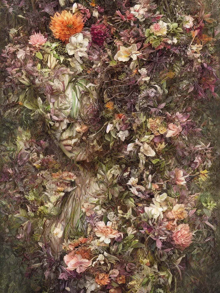 Prompt: a chaotic whirlwind of exotic forest flowers and leaves, intricate details, aesthetically pleasing and harmonious natural colors, art by marco mazzoni, impressionism, detailed, dark, spring, flowers