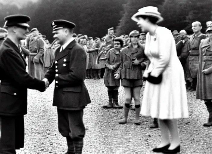 Image similar to ultra wide 1 9 4 6 blurry historical far away photo a single german general shaking hands with a young queen elizabeth in a french village, her corgis are nearby highly detailed, sharp focus