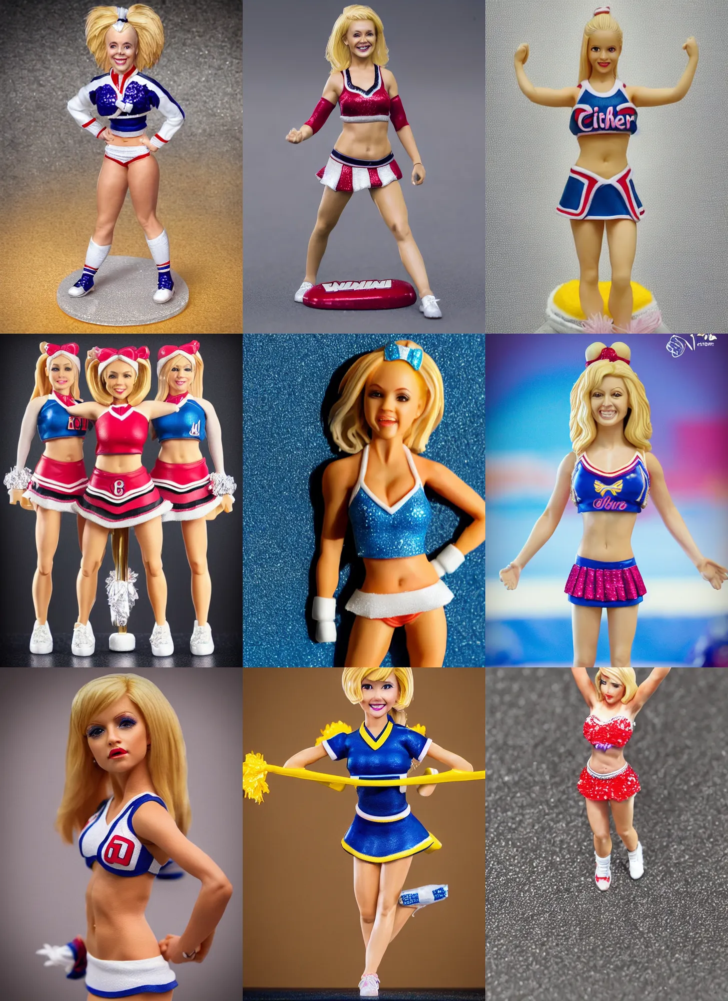 Prompt: 80mm resin detailed miniature of a Cheerleader girl, blond hair, stomach, navel, shoes, Logo, textured base; Product Introduction Photos, 4K, view from front