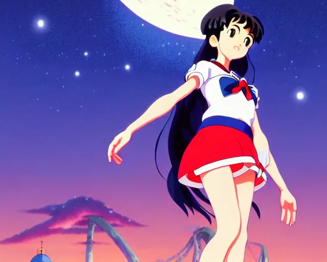 Image similar to Rei Hino from Sailor Moon, park in background, bokeh. anime masterpiece by Studio Ghibli. illustration, sharp high-quality anime illustration in style of Ghibli, Ilya Kuvshinov, Artgerm