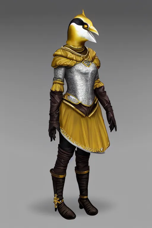 Image similar to female adventurer in tight full - body canary color gambeson leather armor of italian design with diamond pattern and a white porcelain crow mask, trending in artstation, establishing shot