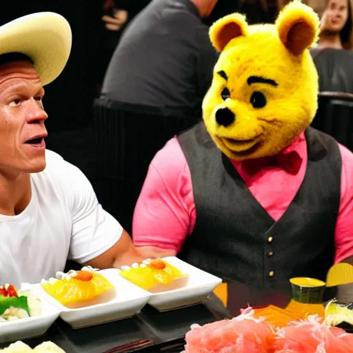 Prompt: John Cena wearing a sombrero eating sushi with Winnie the Poo