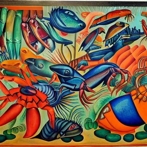 Prompt: mural of a crustacean revolution in the style of diego rivera