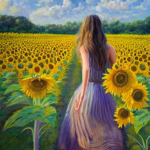 Image similar to a girl slowly walking through amazing tall sunflower field, hair flowing, early morning lighting, elegant, subtle, intricate details, real masterpiece, oil on canvas, by somsak anong