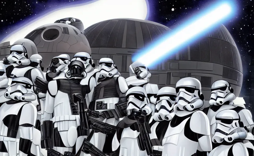 Image similar to darth vader on the death star surrounded by storm troopers and tie fighters, in the style of studio ghibli