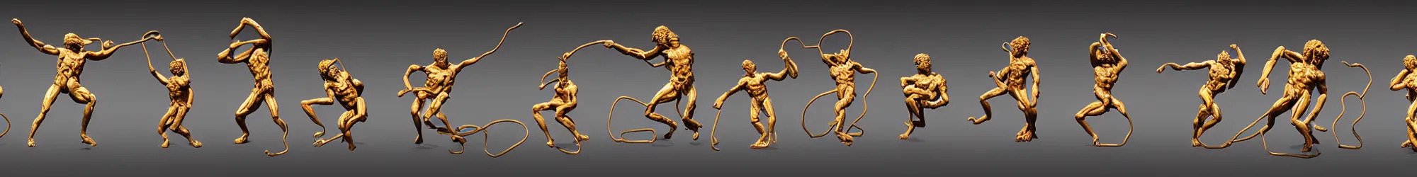 Prompt: long line-up of laocoon and his sons struggling with twisted golden wire, intertwined full body view, plastic injection mold toys, product photography, black background