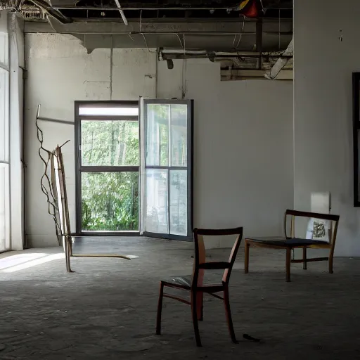 Prompt: liminal space with a chair in the center of the room