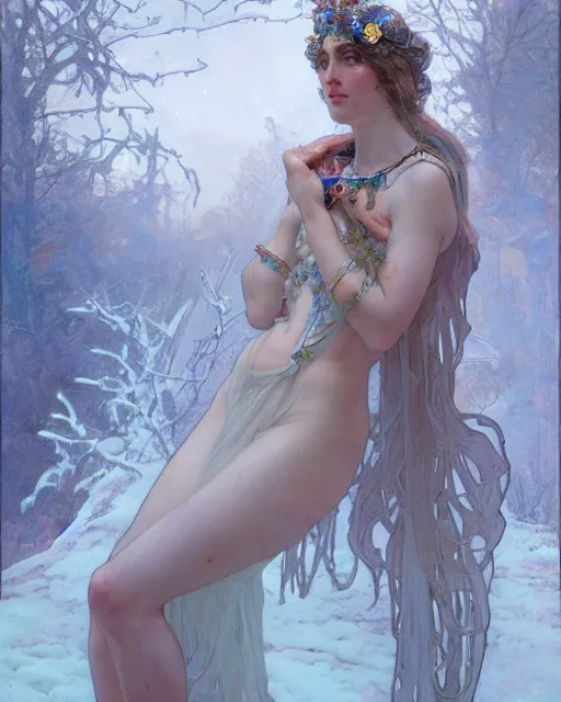 Prompt: a goddess of frost, adorned with precious stones, by jeremy mann and alphonse mucha, peter mohrbacher, james jean