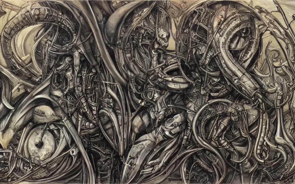 Prompt: a beautiful painting representative of the art style of h. r. giger