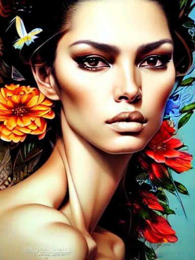 Image similar to a portrait of latina supermodel with a floral background by karol bak, artgerm, moebius, yoji shinkawa : : portrait, illustration, photorealism, hyperrealism