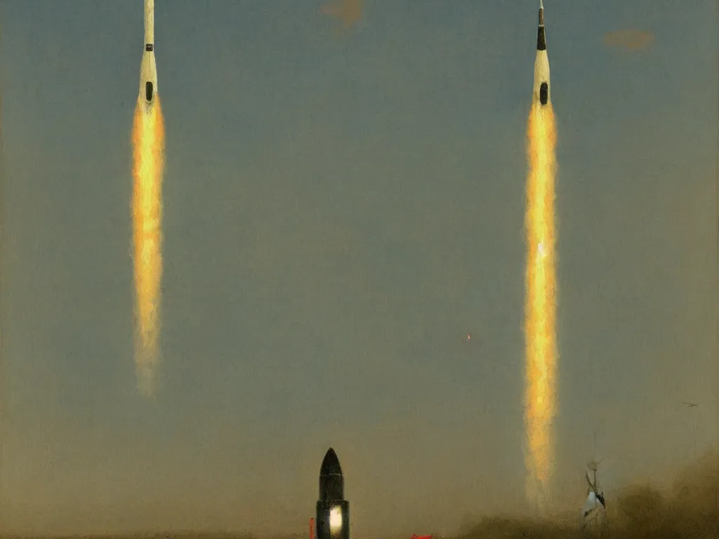 Image similar to a _ painting _ of _ a _ scifi _ rocket _ by _ peter _ ilsted