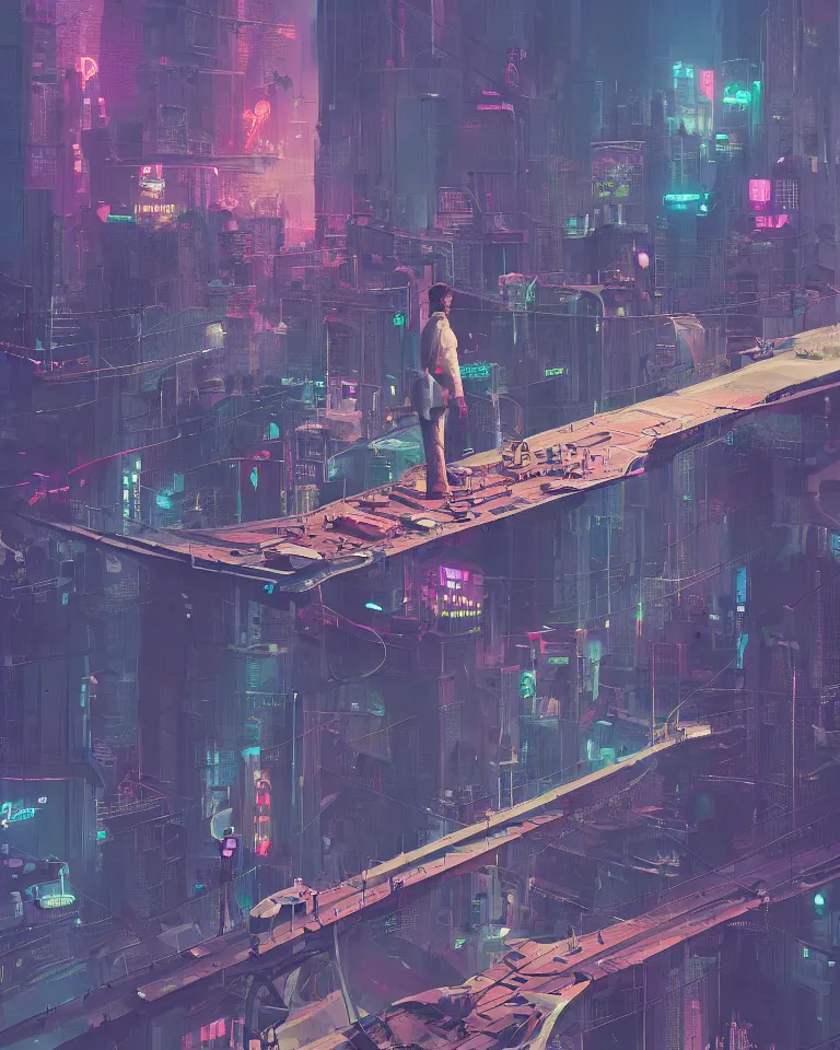 Prompt: a curly - haired persian guy standing on top of a bridge over a city, cyberpunk art by james gilleard, cgsociety, retrofuturism, synthwave, cityscape