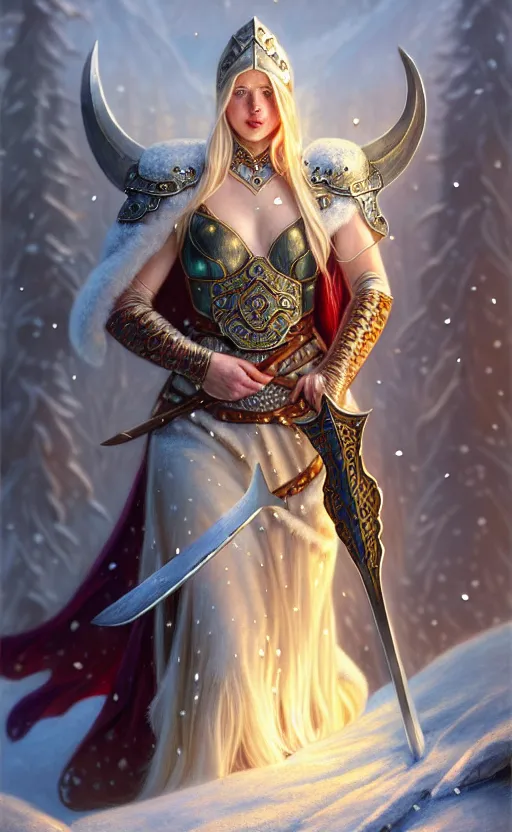 Image similar to opal viking warrior, regal, elegant, winter, snow, beautiful, stunning, hd, illustration, epic, d & d, fantasy, intricate, elegant, highly detailed, wide angle, digital painting, artstation, concept art, smooth, sharp focus, illustration, wallpaper, art by artgerm and greg rutkowski and alphonse mucha and jin xiaodi