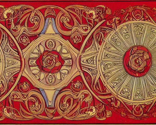 Image similar to symmetrical mural painting from the early 1 9 0 0 s in the style of art nouveau, red curtains, art nouveau design elements, art nouveau ornament, scrolls, flowers, flower petals, rose, opera house architectural elements, mucha, masonic symbols, masonic lodge, joseph maria olbrich, simple, iconic, masonic art, masterpiece