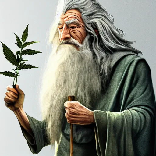 Image similar to Gandalf holding a marijuana plant, digital art, highly detailed, trending on artstation