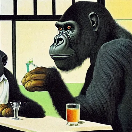 Prompt: a gorilla takes you out for a nice dinner by Raphael, Hopper, and Rene Magritte. detailed, romantic, enchanting, trending on artstation.