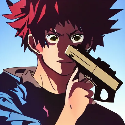 Image similar to , spike from anime cowboy bebop holding two handguns looking into the distance of space, physically accurate, dynamic lighting, intricate, elegant, highly detailed, very very Roberto Ferri, sharp focus, very very unsettling, very terrifying, illustration, art