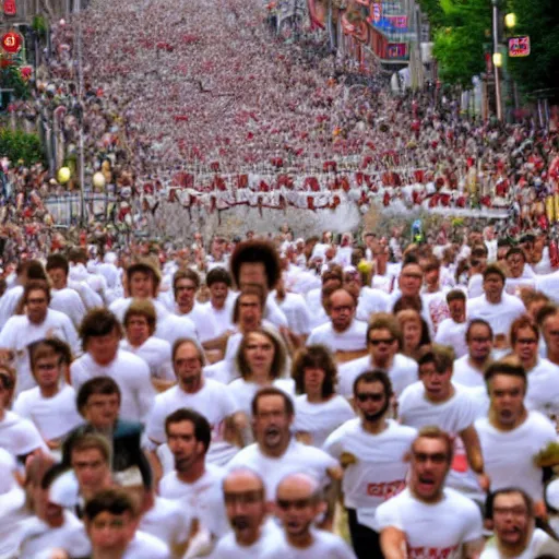 Prompt: the running of the screaming bob ross in pamplona spain