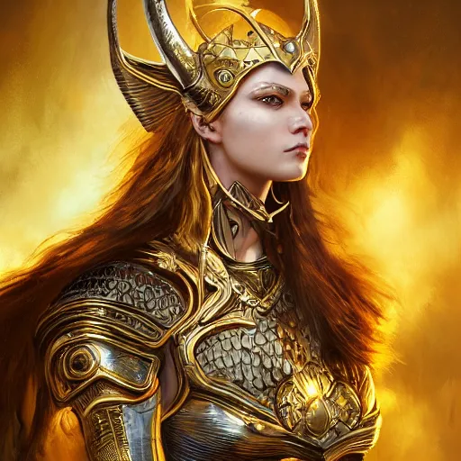 Image similar to valkyrie, norse warrior, wearing a golden armor with norse and viking jewelry by alex gray and android jones, karol bak, ayami kojima, amano, moebius, concept art, character design, fantasy, 3 d, 8 k resolution