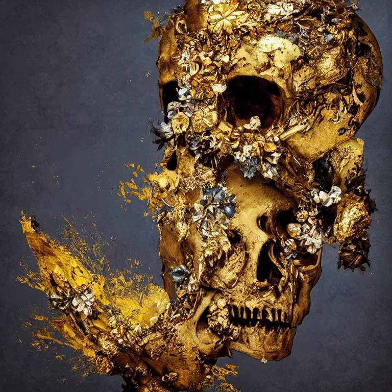 Prompt: A beautiful oil painting hyperrealism of a decayed black head, rotting black clay skin, skull bones, gold flowers, gold floral headdress, 8k resolution, octane render, Trending on artstation, by Gediminas Pranckevicius, volumetric light 2blue fractal Thunder glow by dan mumford, anaglyph effect, Laurie Lipton