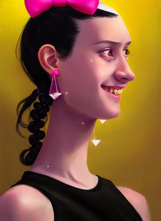 Image similar to portrait of high school girl, realistic, black hair, bangs, half updo hairstyle, pointy nose, skinny, smile, ugly, defined jawline, big chin, pink hair bow, earrings, intricate, elegant, glowing lights, highly detailed, digital painting, artstation, sharp focus, illustration, art by wlop, mars ravelo and greg rutkowski