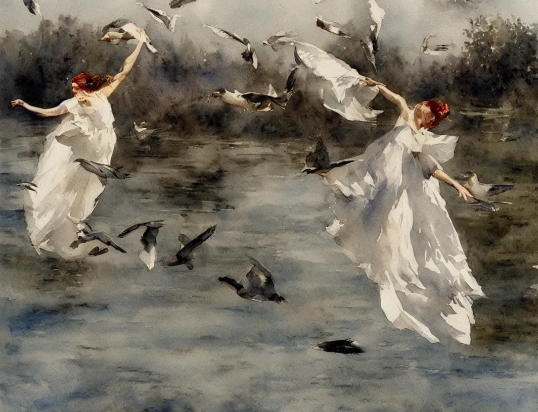 Image similar to watercolor by anders zorn, flying birds, water, white dress, windmill