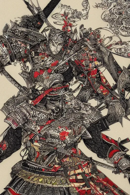 Prompt: hyper detailed illustration of samurai warfare by Yoshitaka Amano