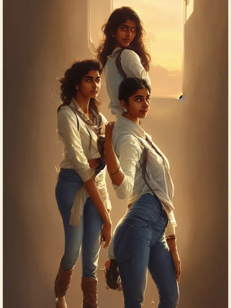 Image similar to Anxious pretty young Indian doctor wearing jeans leaving a plane, portrait, sci-fi face, elegant, highly detailed, digital painting, artstation, concept art, smooth, sharp focus, illustration, art by artgerm and greg rutkowski and alphonse mucha