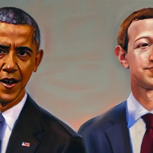 Prompt: expressive oil painting of Barack Obama and Mark Zuckerberg staring angrily at the viewer