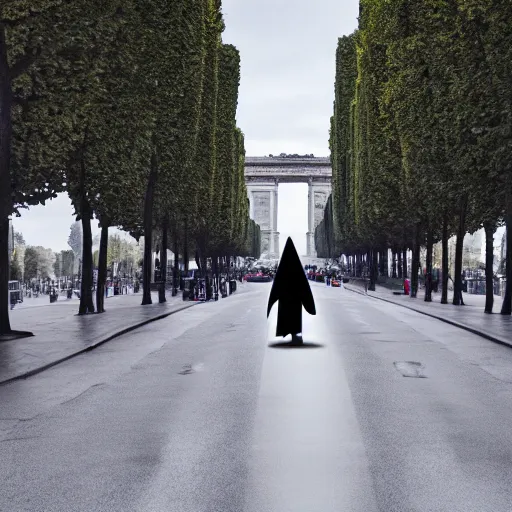 Image similar to Sith lord walking down the avenue des champs elysée, hyper-realistic, 8K HDR.