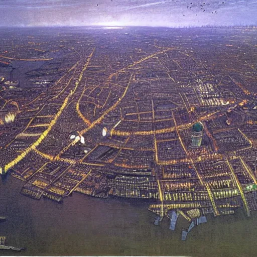 Prompt: an aerial view of future Tudor London by John Atkinson Grimshaw