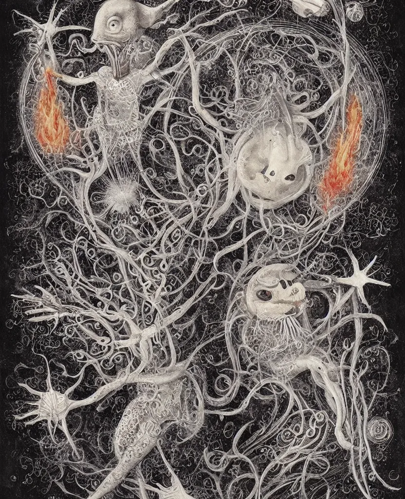 Image similar to whimsical freaky creature sings a unique canto about'as above so below'being ignited by the spirit of haeckel and robert fludd, breakthrough is iminent, glory be to the magic within, painted by ronny khalil