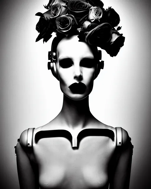Prompt: dreamy surreal poetic black and white photo of a beautiful young bio-mechanical-female-cyborg-robot with a very long neck and a super big gothic lace collar and a very high big floral crown with many black dry roses by Vivienne Westwood:: smoke, high fashion, haute couture, rococo, avant-garde, elegant, dreamy, hyper realistic, 150 mm lens, soft rim light, octane render, unreal engine, picture was taken in 1910 by Dora Maar, volumetric lighting, dramatic light,8k,