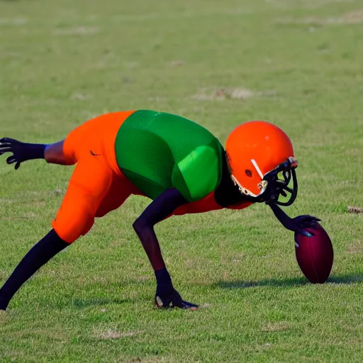 Prompt: a wideshot photo of an ibis playing american football, wearing orange and green colored jersey, with a gold chain on it's neck