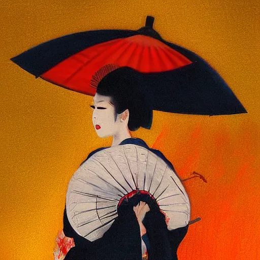 Image similar to dramatic portrait of a geisha holding and umbrella in a rainstorm at sunset by rob rey