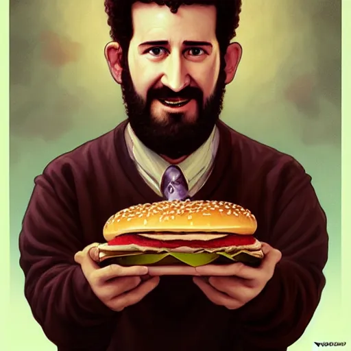 Prompt: portrait of dustin diamond eating hamburgers, extra onions and ketchup, luscious patty with sesame seeds, feminine ethereal, handsome, d & d, fantasy, intricate, elegant, highly detailed, digital painting, artstation, concept art, matte, sharp focus, illustration, art by artgerm and greg rutkowski and alphonse mucha