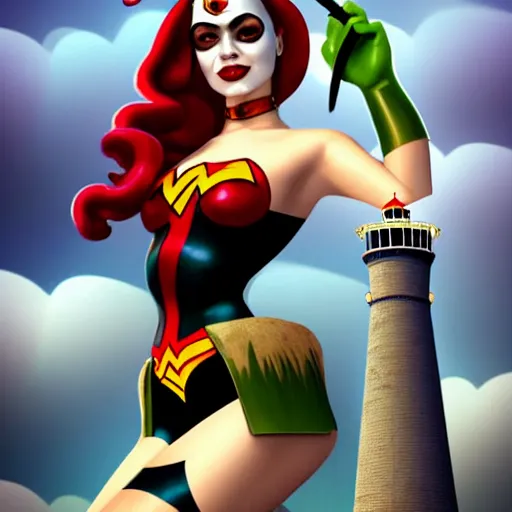 Prompt: perfectly-centered-full-shot photo of Harley Quinn with Poison Ivy & Wonder Woman Pinup Girl Poster, looking out towards a lighthouse, big bust, intricate, elegant, super highly detailed, professional digital painting, artstation, concept art, smooth, sharp focus, no blur, no dof, extreme illustration, Unreal Engine 5, 8K, art by artgerm and greg rutkowski and alphonse mucha and loish and WLOP