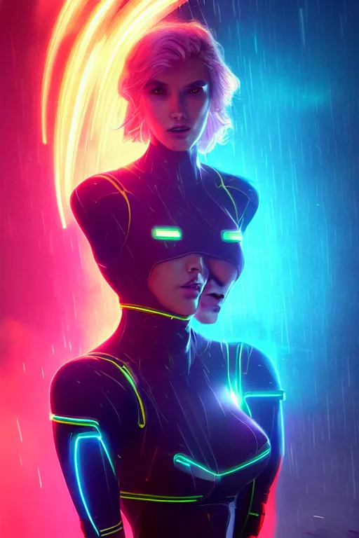 Image similar to portrait futuristic superhero power Girl with thunder and fire sparkles and lazer, in future cyberpunk tokyo heavy rainning rooftop , ssci-fi, fantasy, intricate, very very beautiful, elegant, human anatomy, human structure, neon light, highly detailed, digital painting, artstation, concept art, smooth, sharp focus, illustration, art by tian zi and WLOP and alphonse mucha