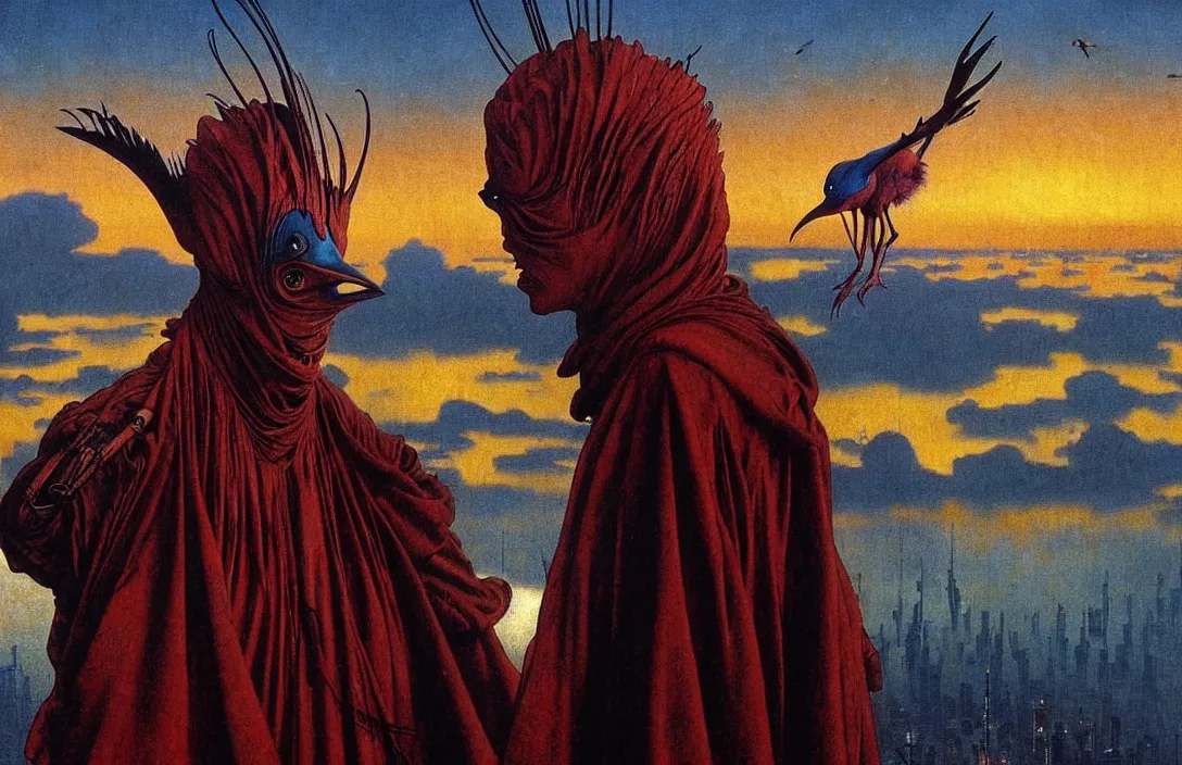 Image similar to realistic detailed portrait movie shot of a birdman wearing dark ragged robes, futuristic city sunset landscape background by denis villeneuve, amano, yves tanguy, alphonse mucha, ernst haeckel, max ernst, roger dean, rich moody colours, blue eyes